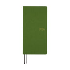 Upright Hobonichi Techo 2026 Weeks MEGA ENG diary featuring antique green cover and gold foil accents