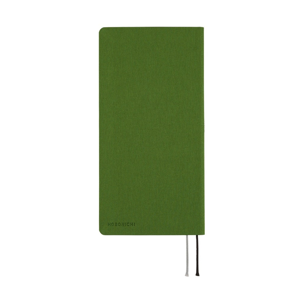 Closed Hobonichi Techo 2026 Weeks MEGA ENG diary in textured antique green with black and grey ribbons