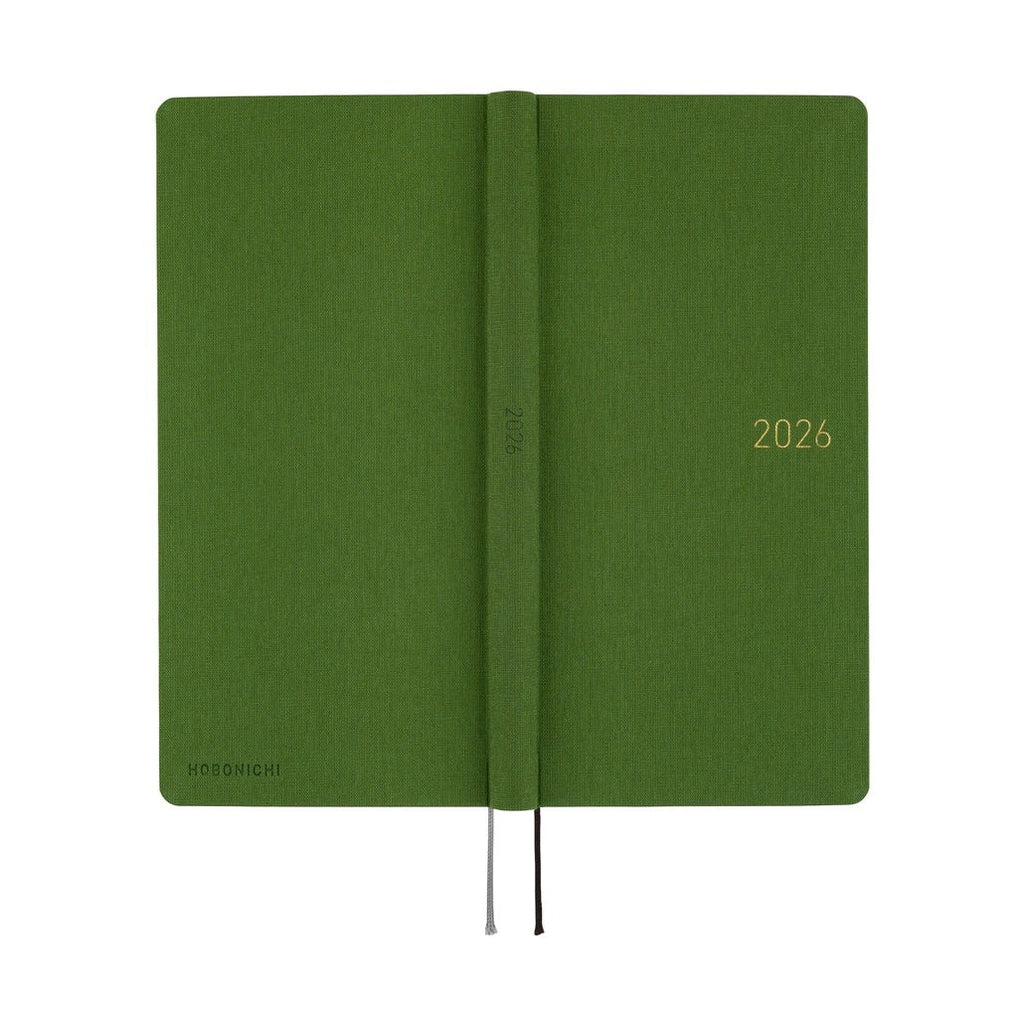 Hobonichi Techo 2026 Weeks MEGA ENG open diary with antique green hardcover and gold foil year accent