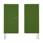 Front and back view of Hobonichi Techo 2026 Weeks MEGA ENG in antique green with gold foil detailing