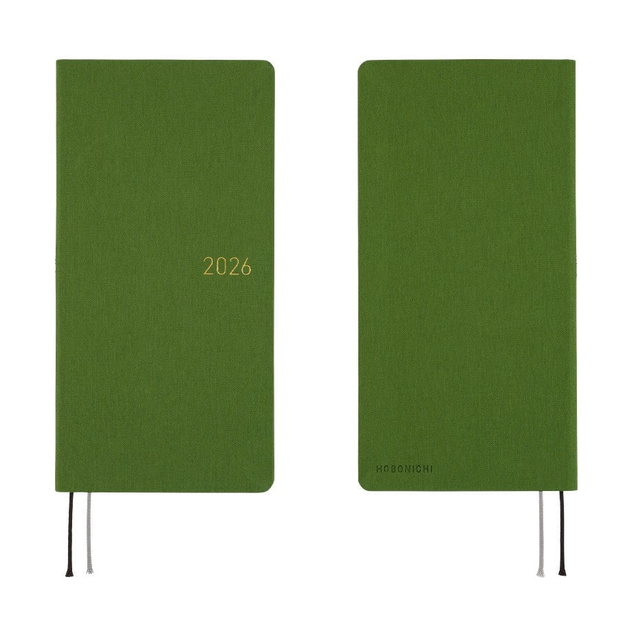 Front and back view of Hobonichi Techo 2026 Weeks MEGA ENG in antique green with gold foil detailing