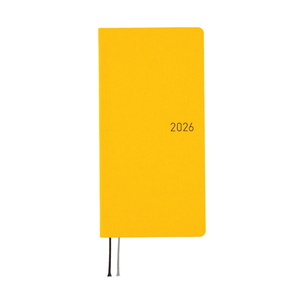 Hobonichi Techo 2026 Weeks MEGA ENG diary in Full Moon Yellow with brown foil and ribbons