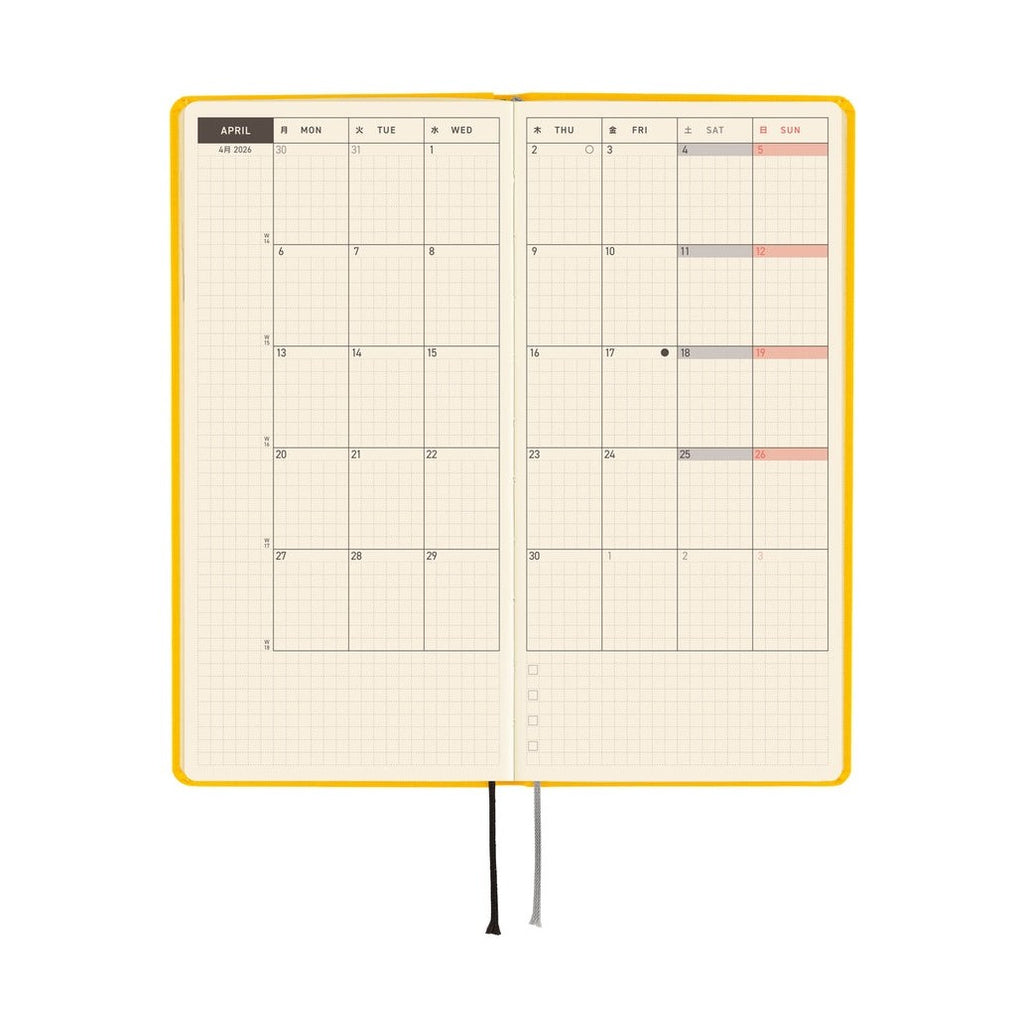 Hobonichi 2026 weekly spread with Japanese day labels, colored weekend blocks, and checkboxes