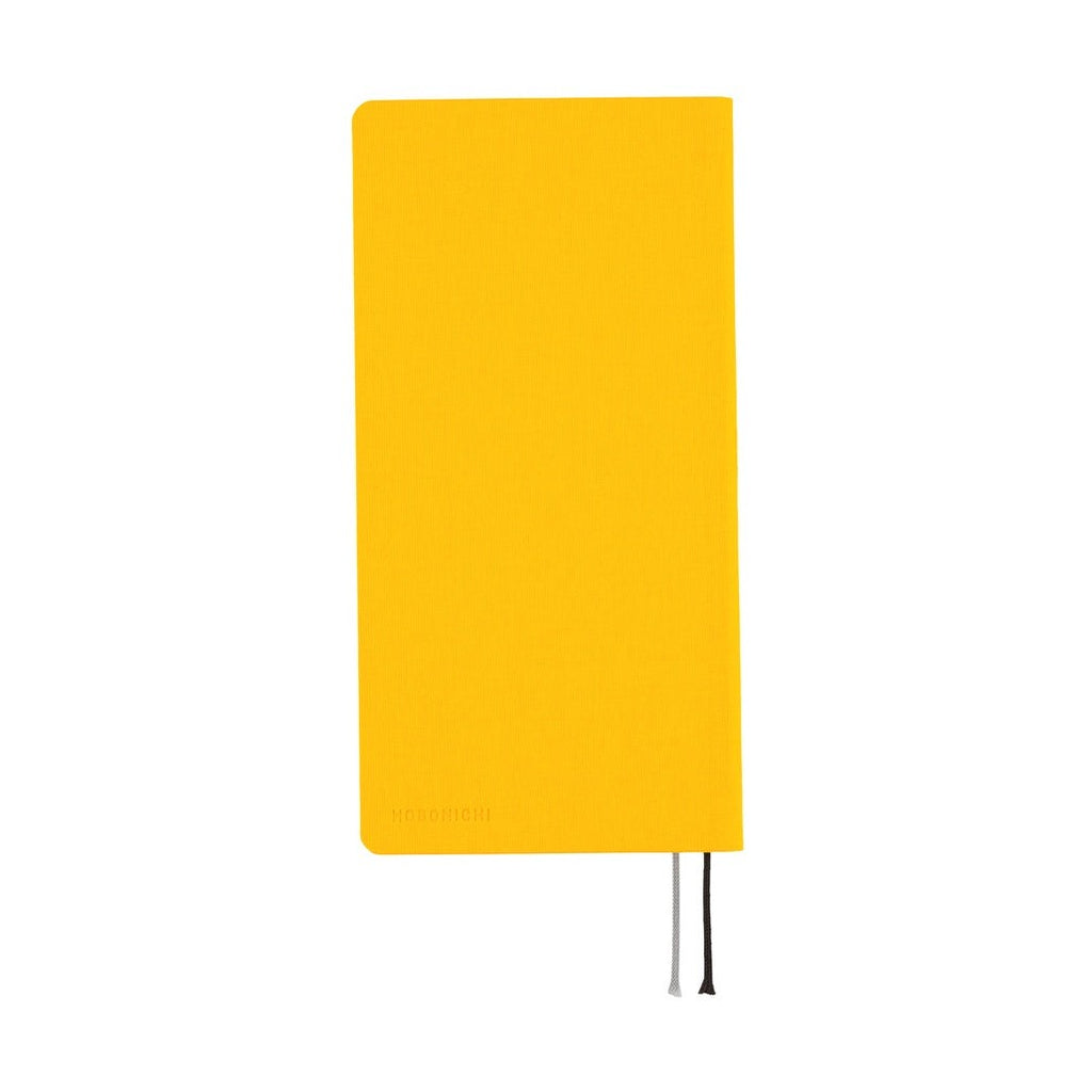 Front view of light hardcover Hobonichi Techo 2026 planner in vibrant yellow with embossed logo