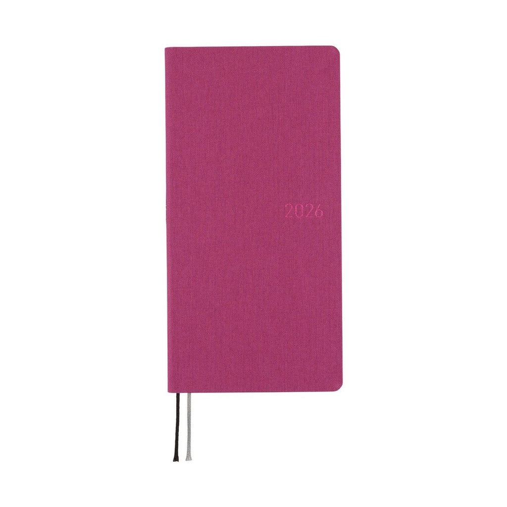 Hobonichi Techo 2026 Weeks MEGA ENG diary in Peony Purple with pink foil year detail