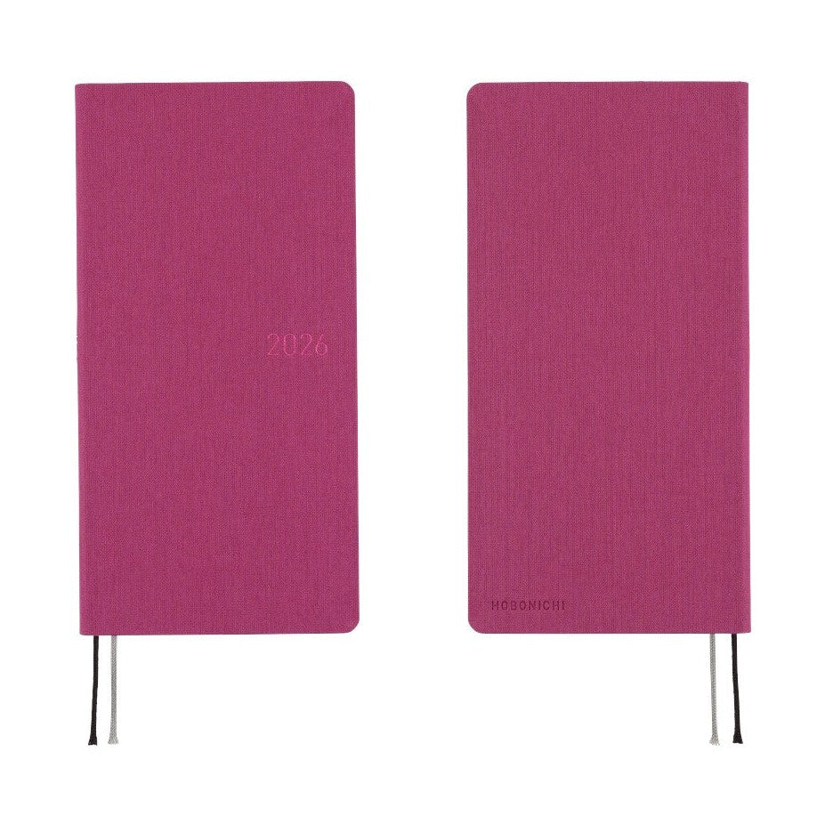 Front and back covers of Hobonichi Techo 2026 Weeks MEGA ENG with pink foil branding