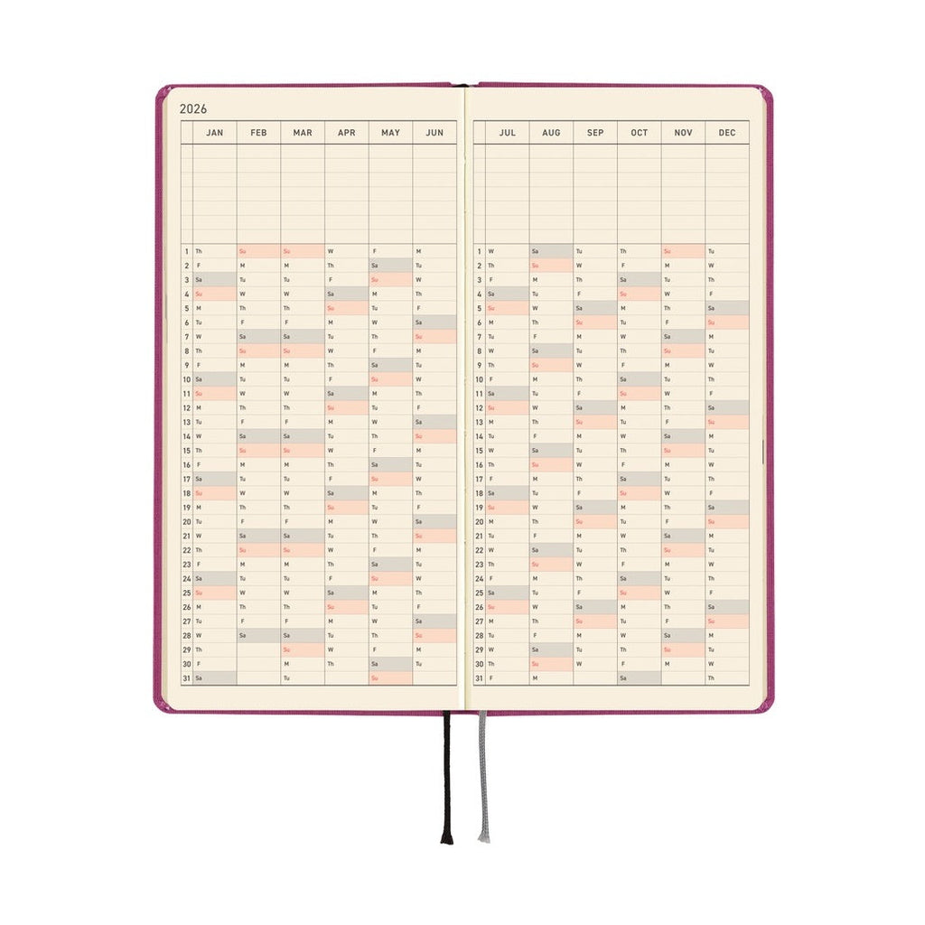 Weekly spread inside Hobonichi Techo 2026 Weeks MEGA ENG with pink weekend highlights