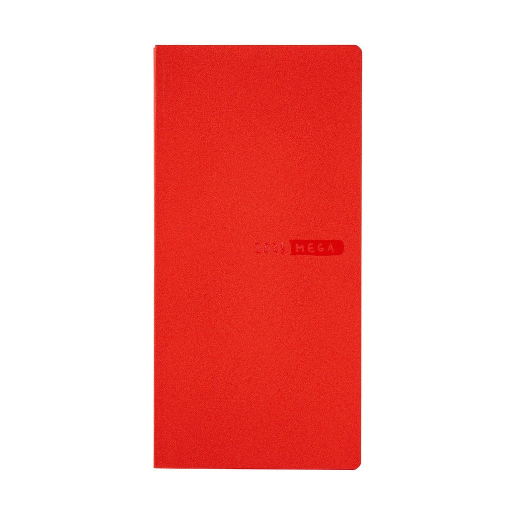 Closed tomato red Hobonichi Techo 2026 Weeks MEGA planner with centered embossed logo