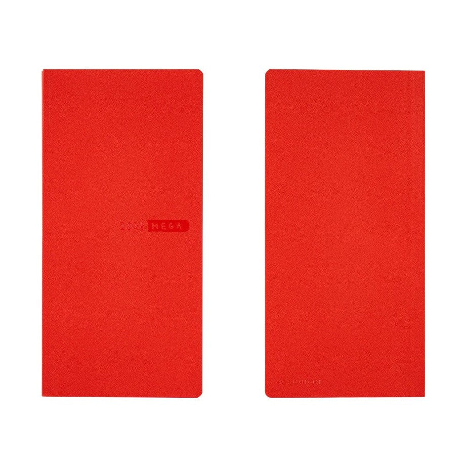 Front and back views of tomato red Hobonichi Techo 2026 Weeks MEGA softcover diary
