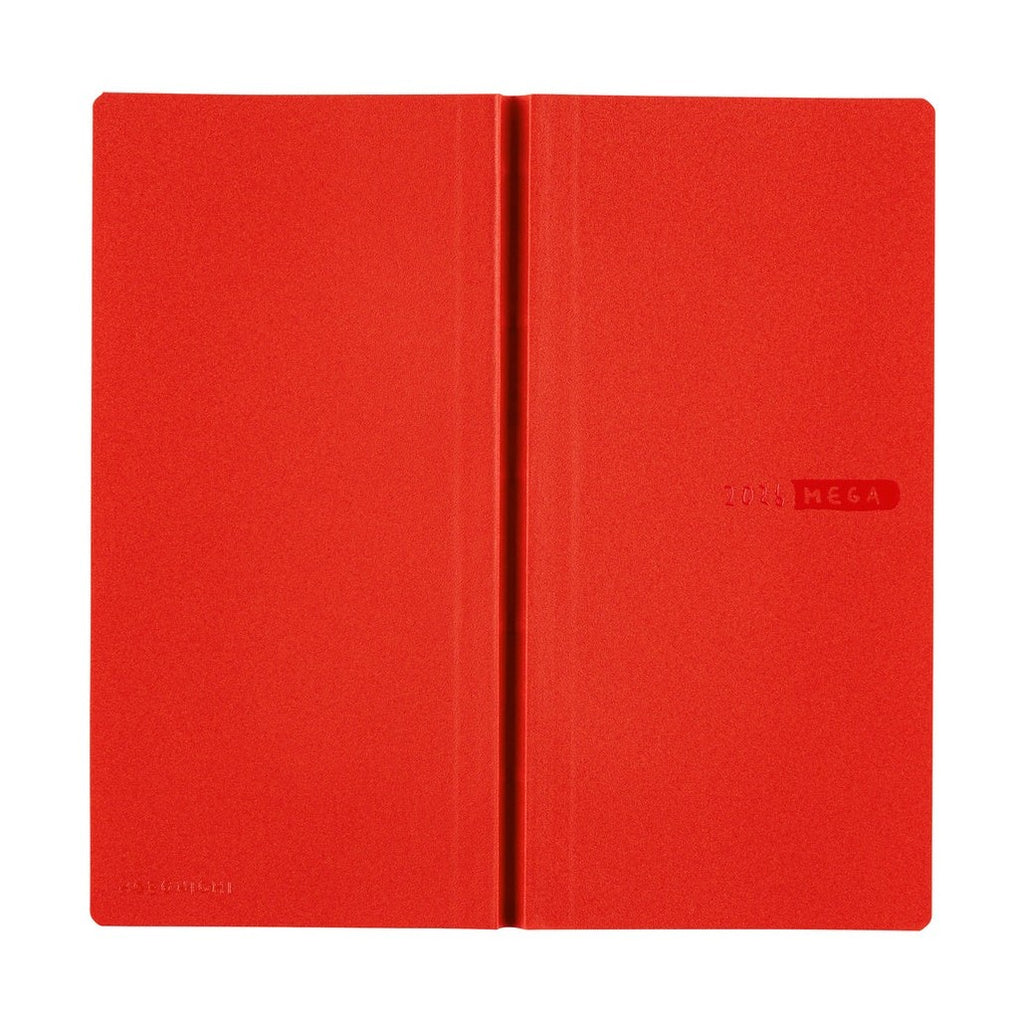 Upright Hobonichi Techo 2026 Weeks MEGA planner with embossed text on tomato red cover