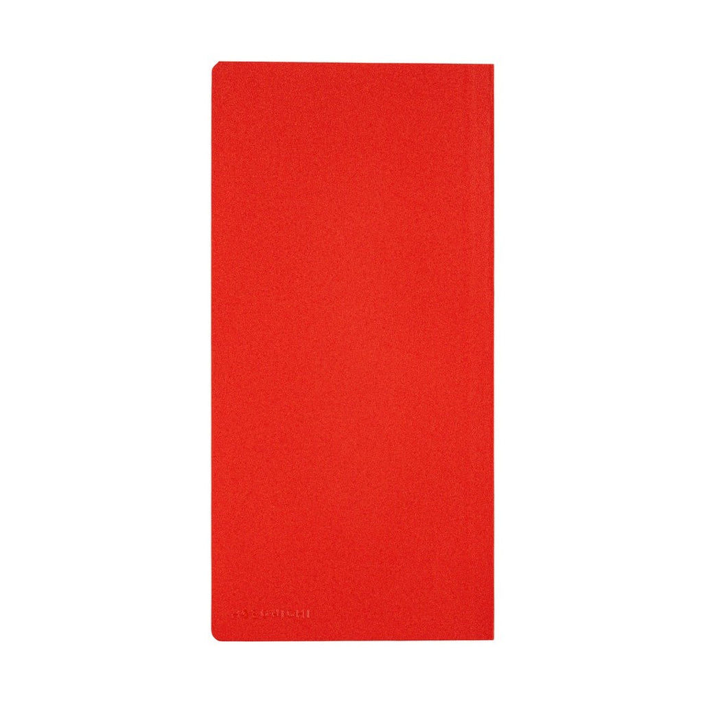 Back view of tomato red Hobonichi Techo 2026 planner with faint embossed branding