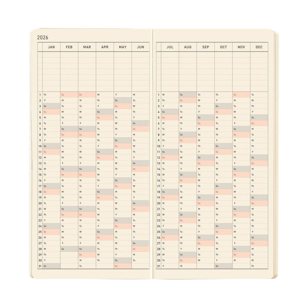 2026 yearly calendar overview showing months January to December in Hobonichi Techo planner