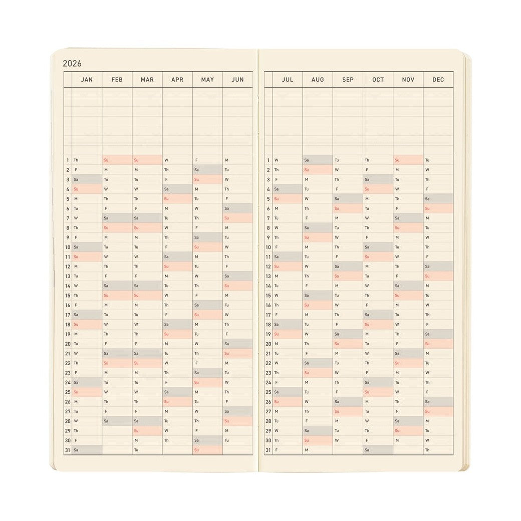 2026 yearly calendar overview showing months January to December in Hobonichi Techo planner