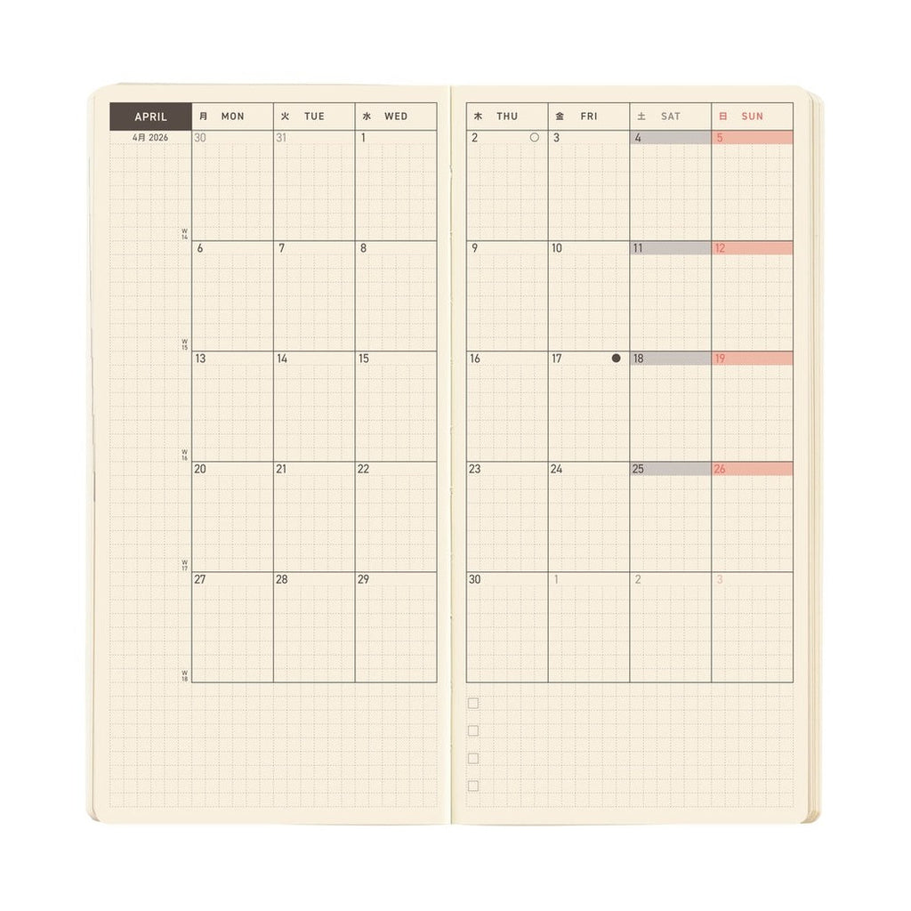 April 2026 weekly layout spread in English Hobonichi Techo Weeks MEGA planner