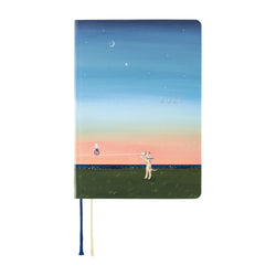 Hobonichi Techo 2027 A6 diary back cover with white cat string telephone and crescent moon