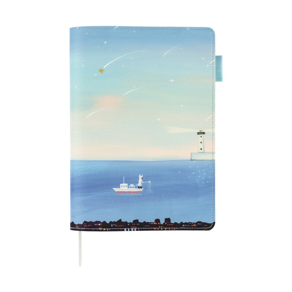 Full-bleed Hobonichi Techo A5 cover illustration of white boat, lighthouse, and pink sunrise sky