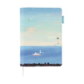 Full-bleed Hobonichi Techo A5 cover illustration of white boat, lighthouse, and pink sunrise sky