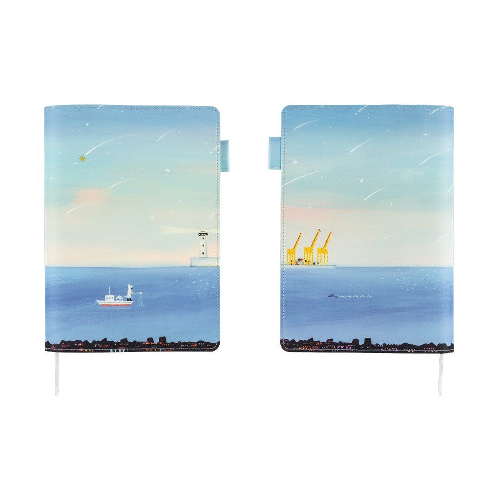 Front and back view of Hiroko Kubota Hobonichi Techo A5 cover with coastal seascape and shooting stars
