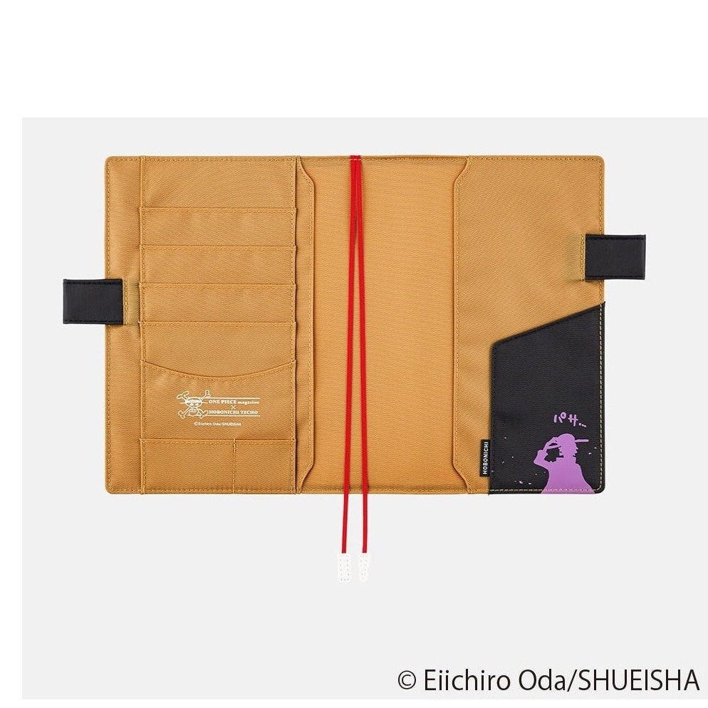 Tan fabric Hobonichi Techo A5 planner interior with multiple pockets and straps