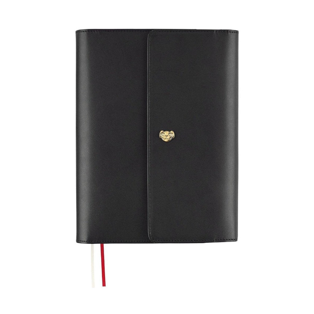 Black Hobonichi Techo A5 One Piece trifold cover with gold ship face button closure