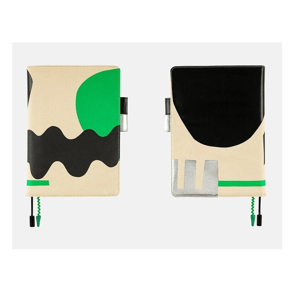 Dual view of beige Hobonichi Techo A5 cover featuring green circle and black curves