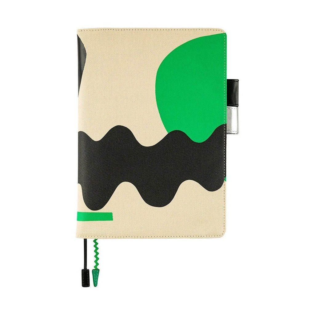Beige Hobonichi Techo A5 cover with green organic shapes and butterfly-stopper pen holder