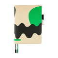 Beige Hobonichi Techo A5 cover with green organic shapes and butterfly-stopper pen holder