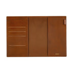 Interior of brown leather Hobonichi Techo A5 cover with pockets and gold logo