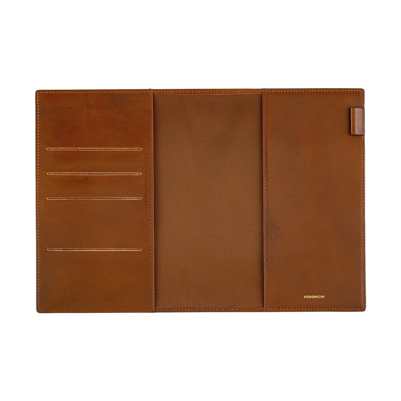 Interior of brown leather Hobonichi Techo A5 cover with pockets and gold logo