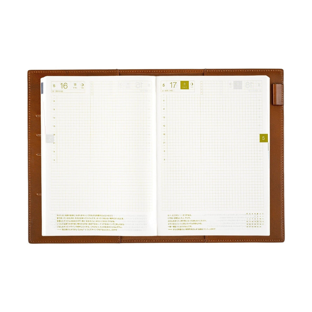Open Hobonichi Techo A5 with brown leather cover and pen loop