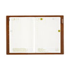 Open Hobonichi Techo A5 with brown leather cover and pen loop