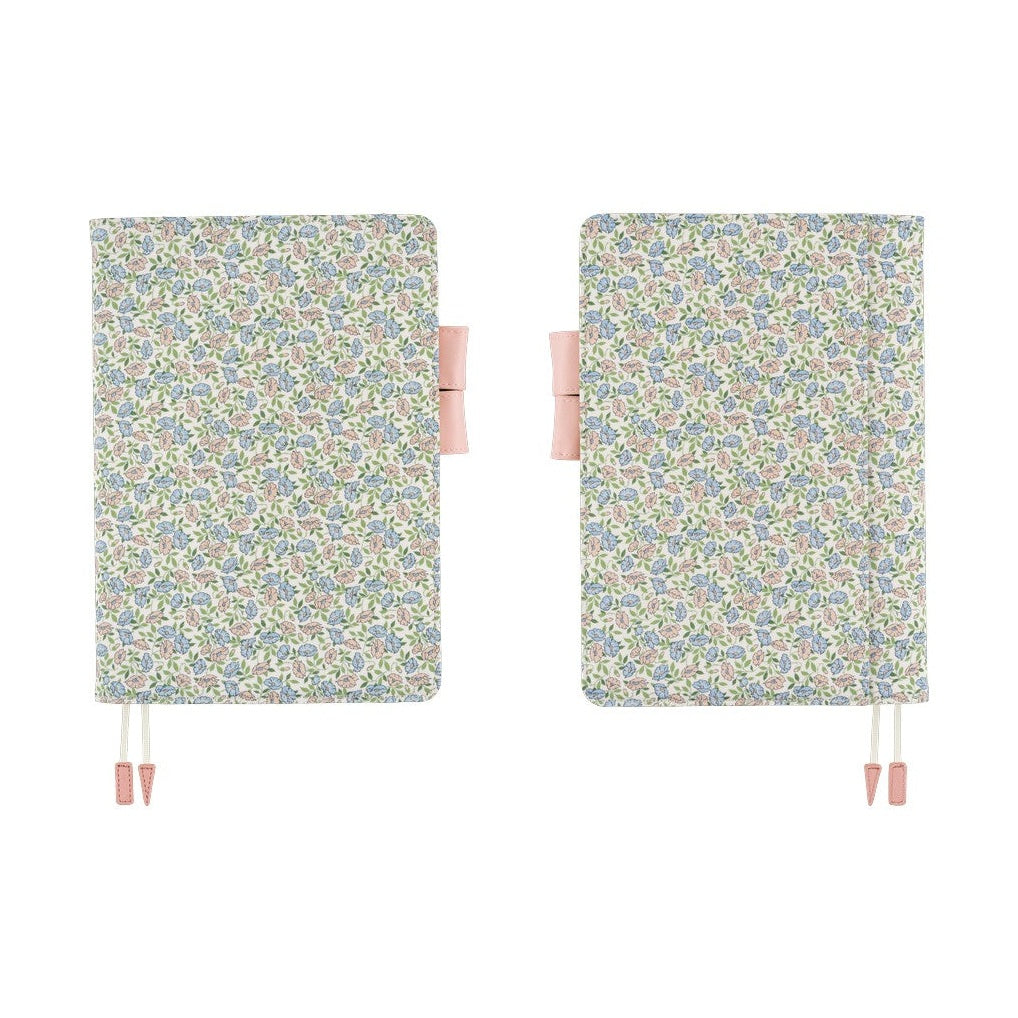 Front and back views of closed Liberty fabric A5 planner cover with pen holders