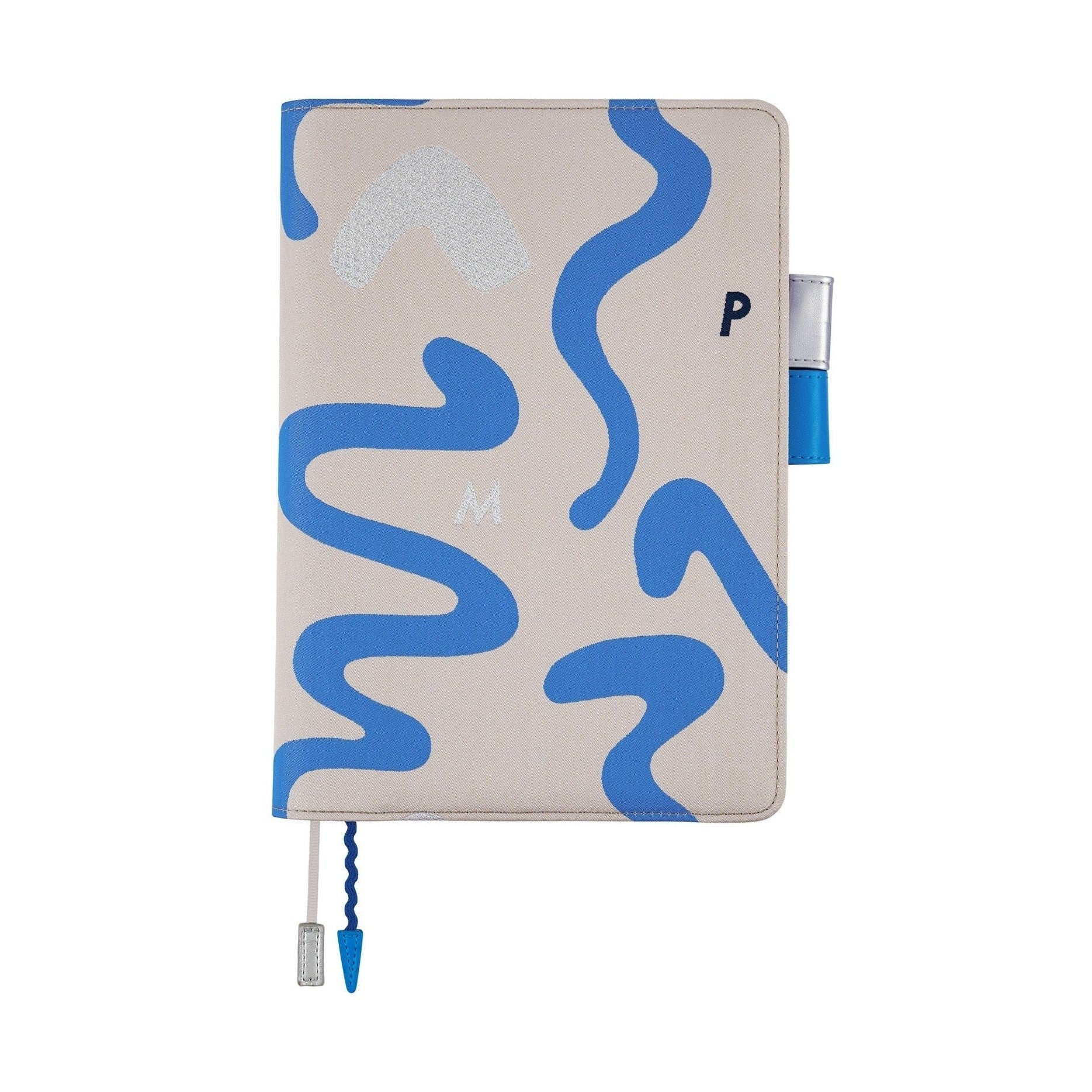 Hobonichi Techo A5 cover front with bold blue waves, silver patch, and braided bookmark