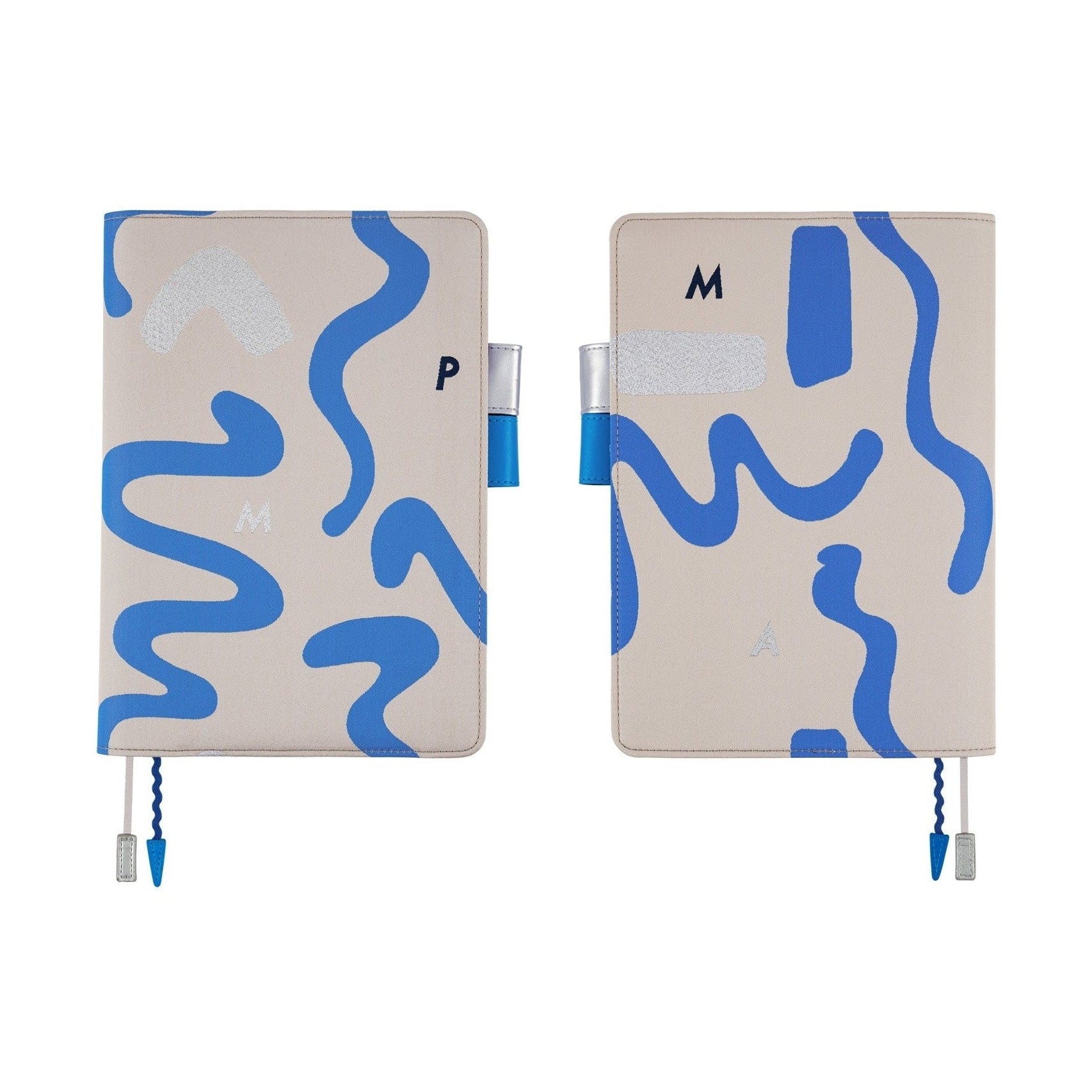 Closed beige Hobonichi Techo A5 cover with blue wavy lines, silver glitter accents, and PAMM logo