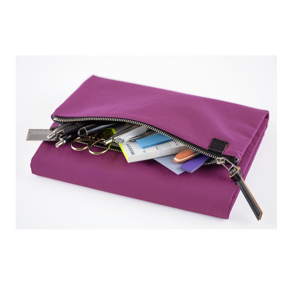 Purple Hobonichi Techo A5 planner cover external zip pocket holding stationery