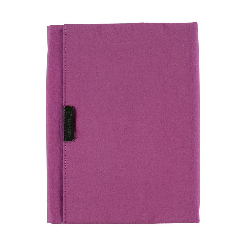Closed Hobonichi Techo A5 purple nylon planner cover with HANDWRITING strap detail