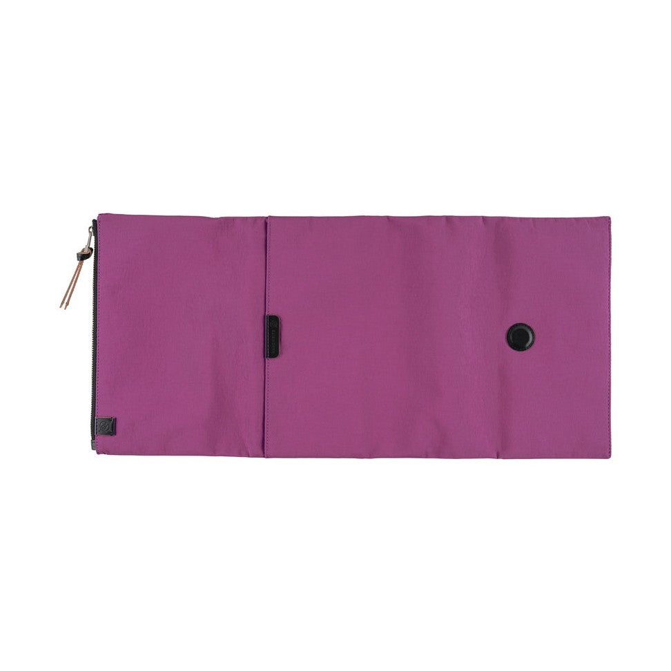 Back view of closed Hobonichi Techo A5 purple tri-fold cover with zipper and button closure