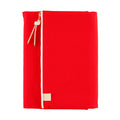 Full front view of upright red Hobonichi Techo A5 cover with white zipper and logo tag