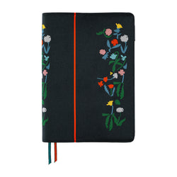 Front view of Yoshie Watanabe floral embroidered navy A5 planner cover