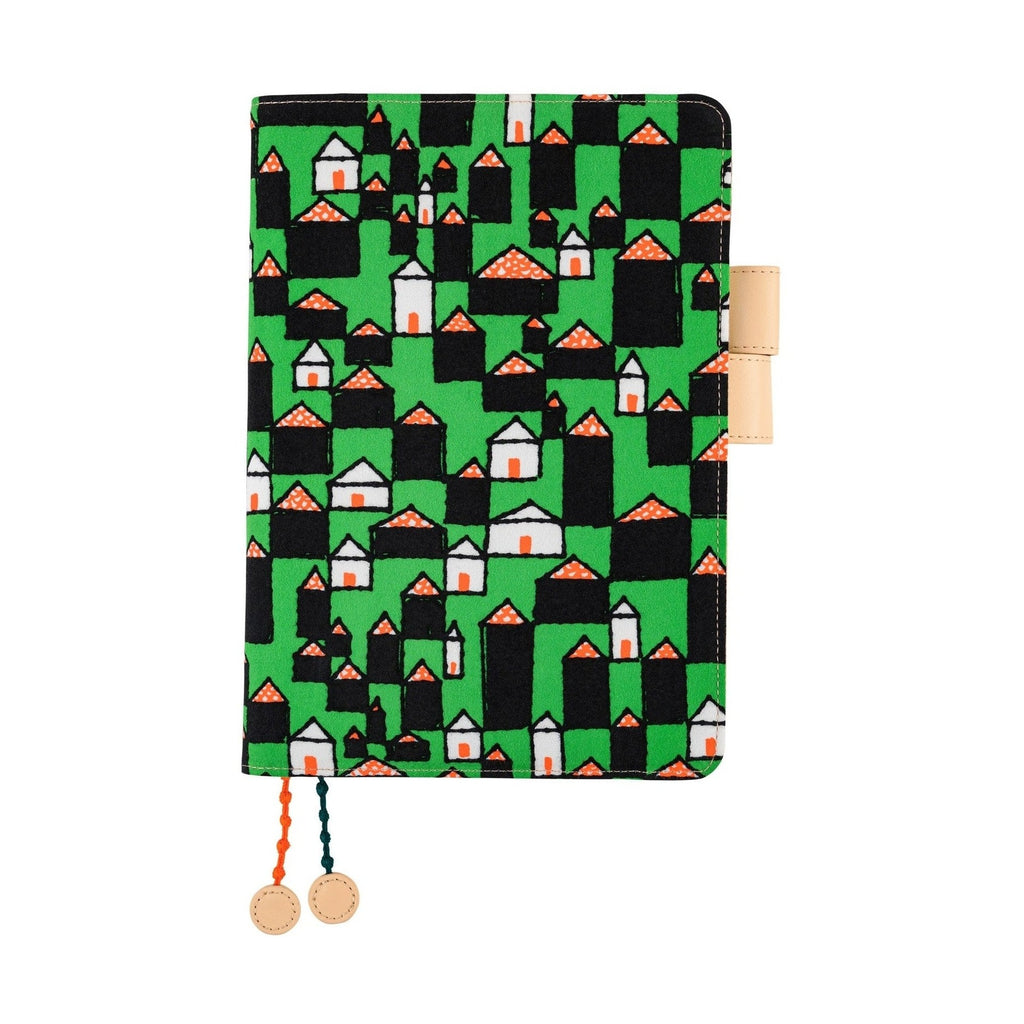 Hobonichi Techo A5 planner cover with green forest house pattern and beaded tassels