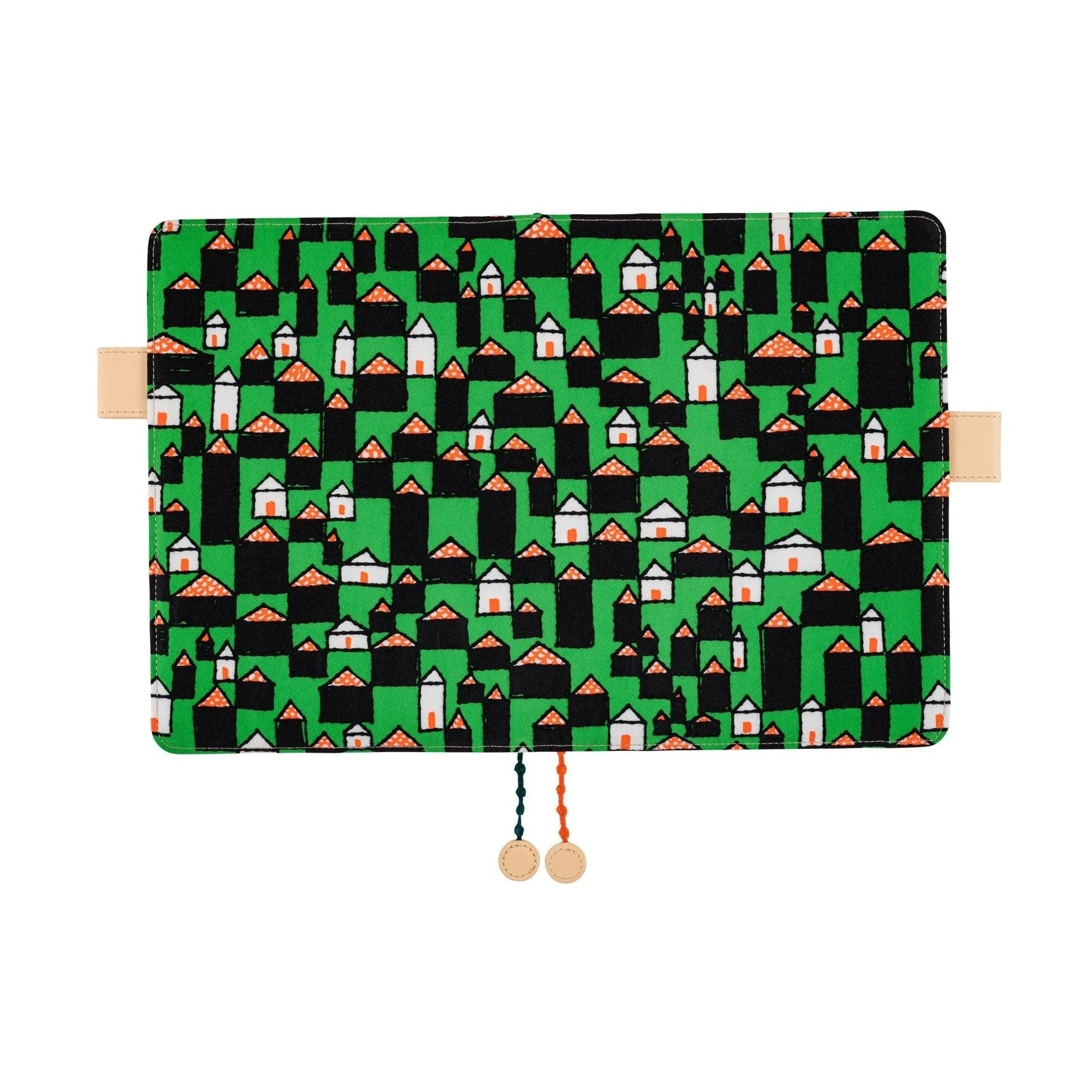 Flat lay of Hobonichi Techo A5 cover featuring woven cotton fabric and leather straps