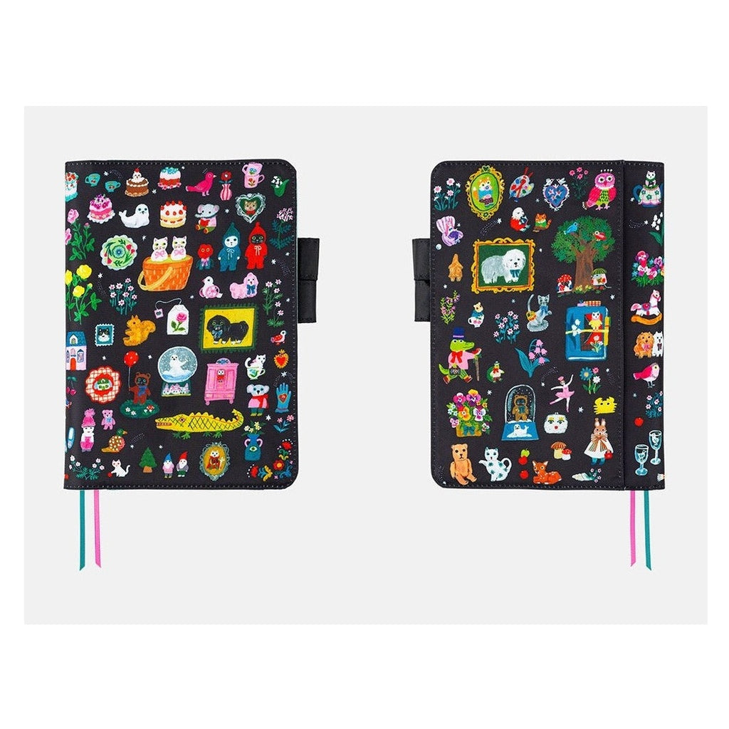Front and back view of black Hobonichi A5 cover featuring Yumi Kitagishi Little Gifts artwork and elastic band