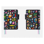 Front and back view of black Hobonichi A5 cover featuring Yumi Kitagishi Little Gifts artwork and elastic band