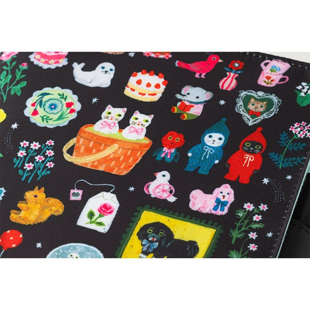 Hobonichi Techo A5 Cousins Yumi Kitagishi Little Gifts black fabric cover with colorful whimsical cat and animal illustrations