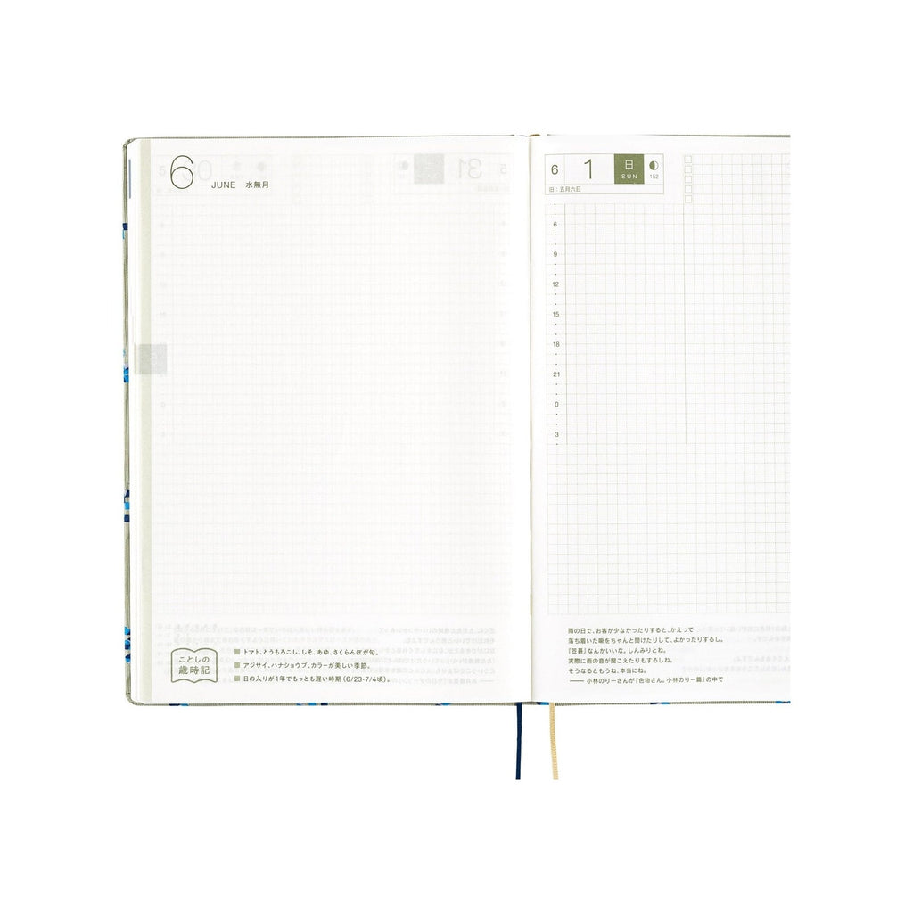 Hobonichi Techo A5 2025 June 6 daily layout page with large date number, hourly grid, and ribbon bookmarks