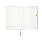 Open Hobonichi Techo A5 2025 diary displaying May 16-17 grid pages with green day markers and bookmark cords