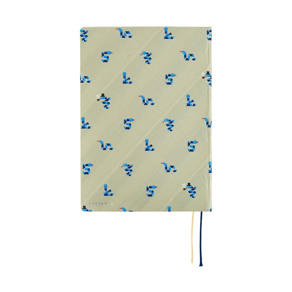 Front view of Hobonichi Techo A5 2025 Snake Toy diary cover featuring olive-green fabric and pipe-smoking snake design
