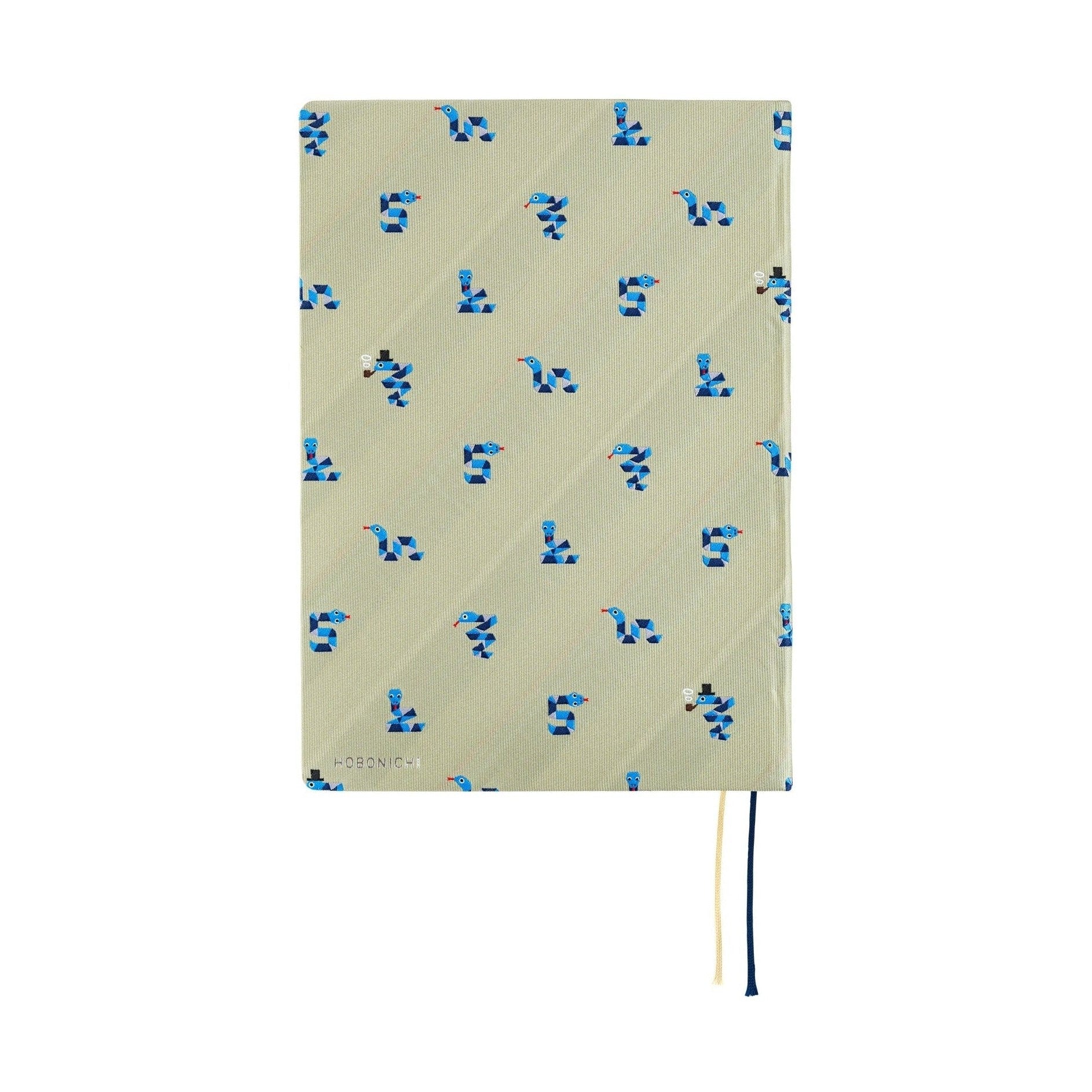 Front view of Hobonichi Techo A5 2025 Snake Toy diary cover featuring olive-green fabric and pipe-smoking snake design