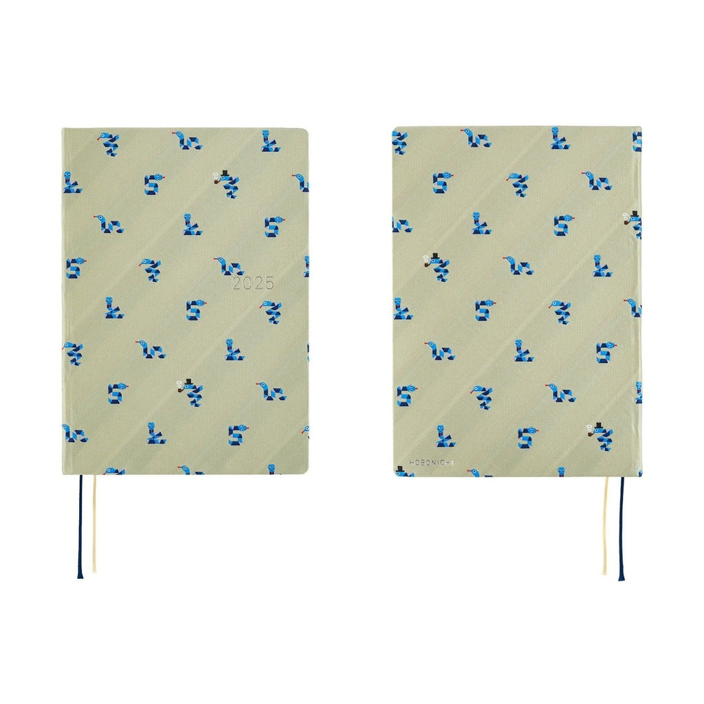 Two side-by-side views of Hobonichi Techo A5 2025 Snake Toy diaries showing consistent olive-green snake pattern covers