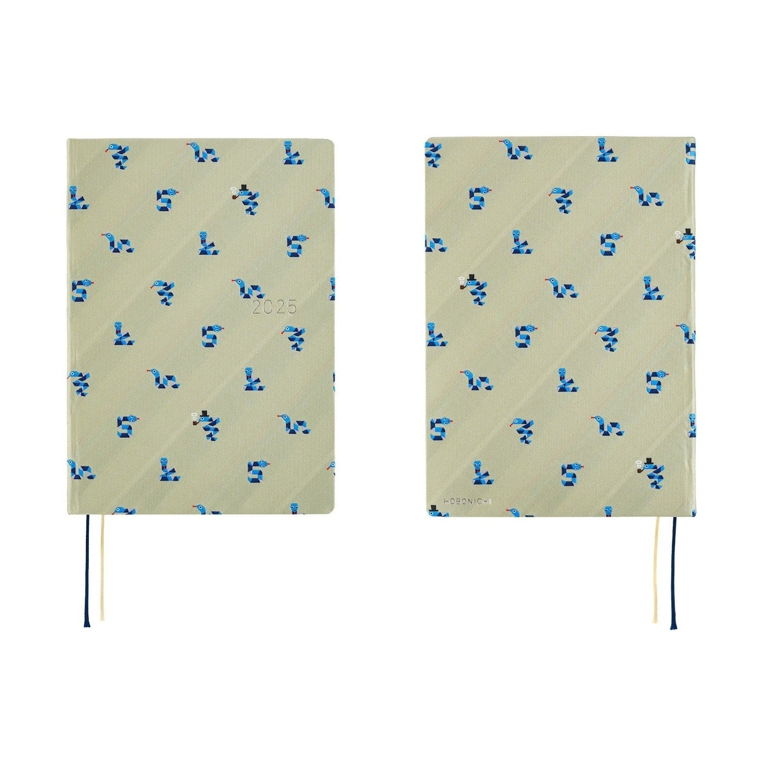 Two side-by-side views of Hobonichi Techo A5 2025 Snake Toy diaries showing consistent olive-green snake pattern covers